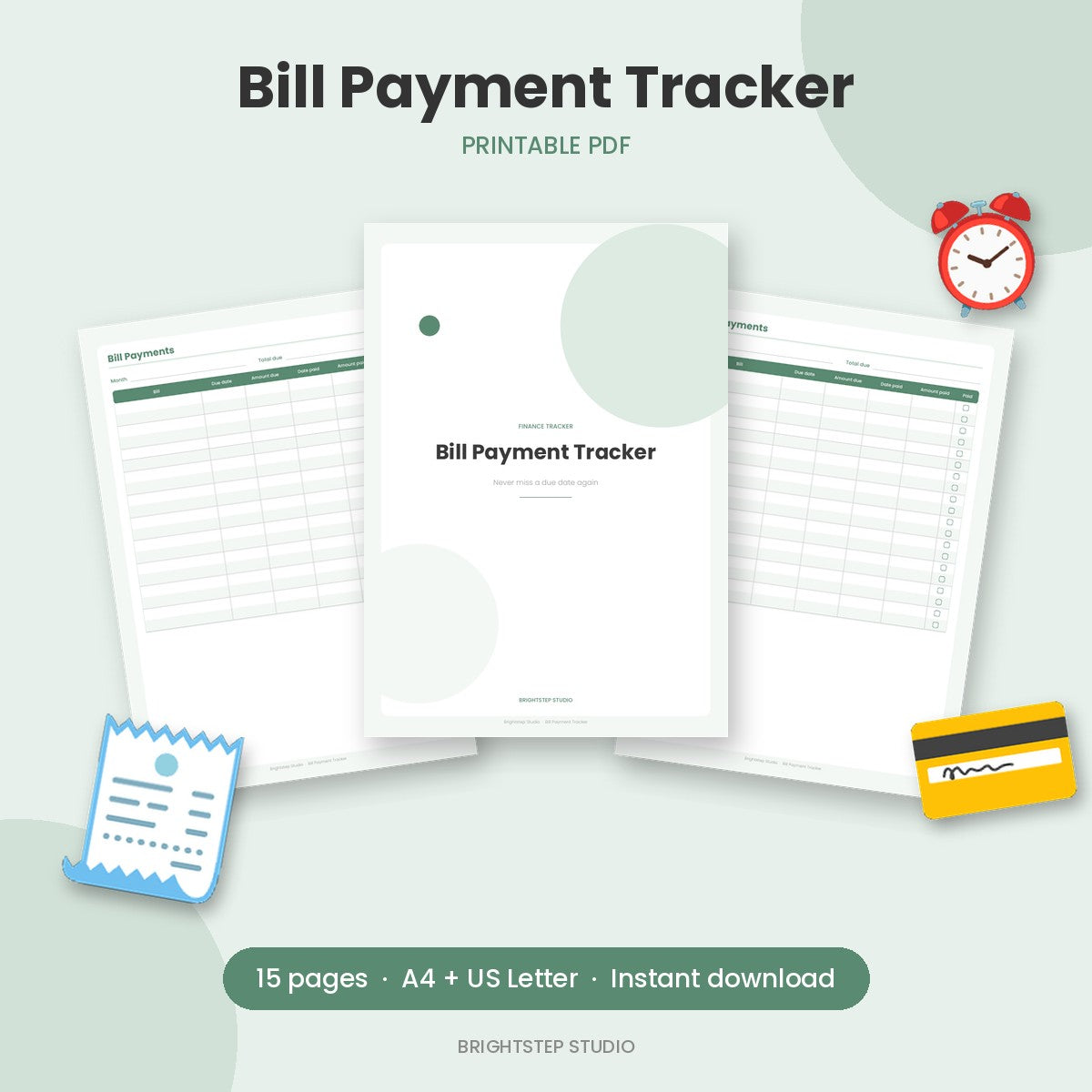 Bill payment tracker printable with due date, amount and paid checkbox columns